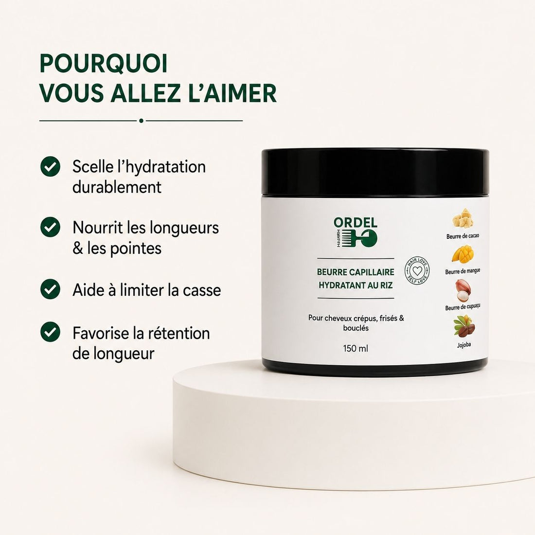 🍫 Beurre Capillaire Hydratant au Riz  – Protection & Rétention de Longueur