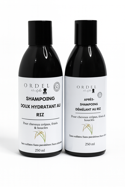 🌿 

Pack Lavage – ORDEL Hairfro
(Shampoing + Après-Shampoing – au riz & parfum signature vanille)