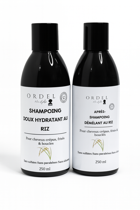 🌿 

Pack Lavage – ORDEL Hairfro
(Shampoing + Après-Shampoing – au riz & parfum signature vanille)
