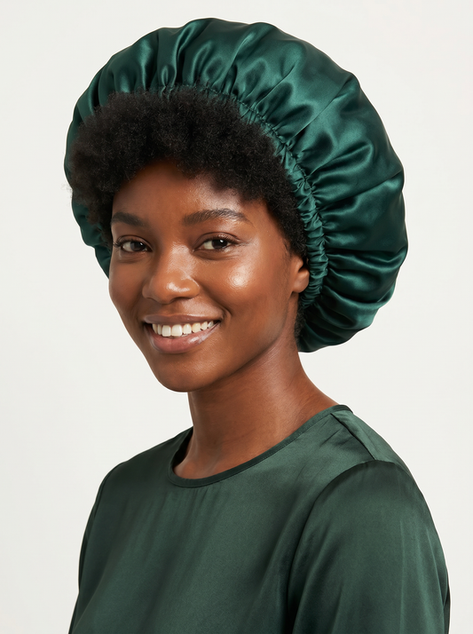 🌙 Bonnet de Nuit Premium en Soie & Satin – Réversible Vert Émeraude & Champagne